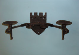 Double wall light on shield back plate - hand forged scrolls