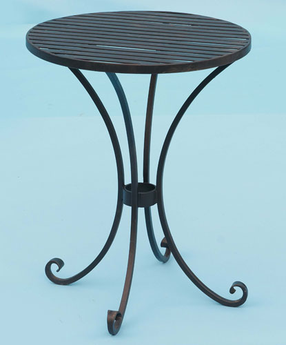 Small round table with slatted top and hand forged scrolled feet